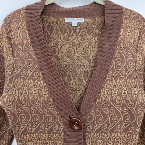 Alberto Makali Cardigan Sweater Button Front V Neck Patterned Brown Metallic L - Picture 2 of 6